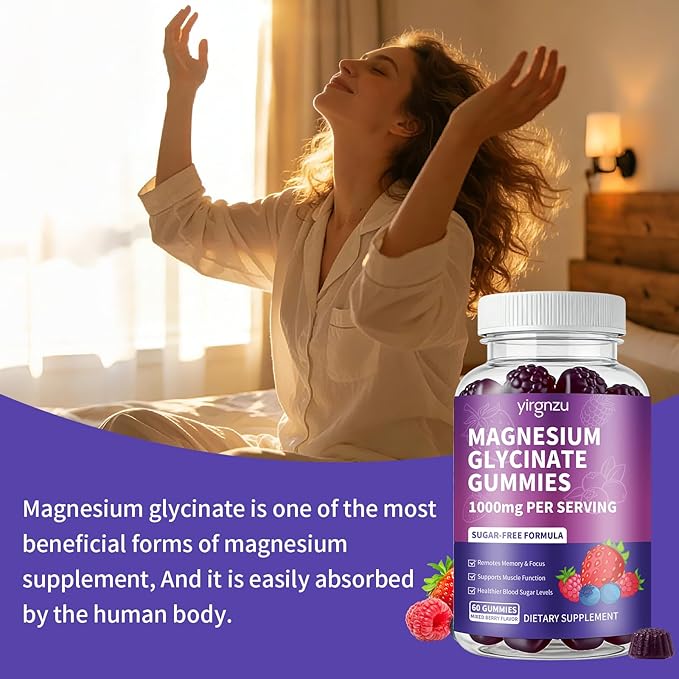 Magnesium Glycinate Gummies 1000mg, Sugar Free Magnesium Potassium Supplement with Vitamin D, B6, CoQ10 for Sleep Support, Stress & Muscle Relief - 120 Mixed Berry Flavored Gummies