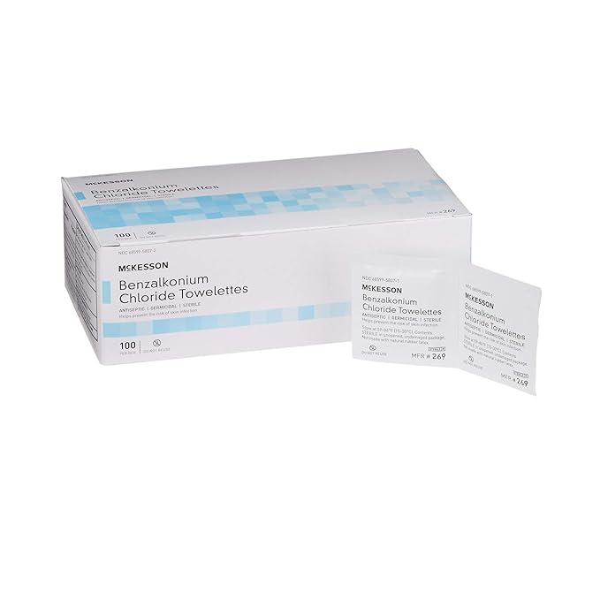 McKesson Benzalkonium Chloride Towelettes [Pack of 100] First Aid Antiseptic Wipes, Sterile Individual Wrapped