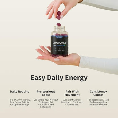 Snap Supplements L-Carnitine Tartrate Sugar Free Gummies 500mg, Amino Acid Supplement for Healthy Exercise Recovery, Metabolism, & Energy*, 60 Vegan Gummies, Blueberry (30 Day Supply)