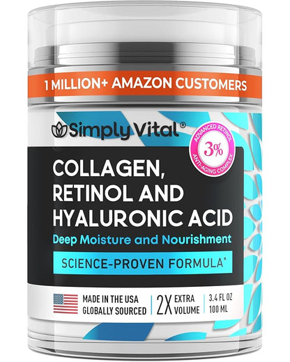 Anti-Aging Face Moisturizer with Retinol, Collagen & Hyaluronic Acid - Made in USA - Moisturizer Face Cream for Women & Men - Firming & Hydrating Neck Cream - Day & Night Skin Care - 3.38 fl oz