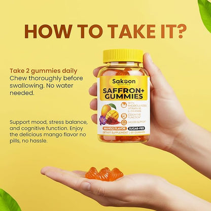 Saffron Gummies for Mood Boost & Stress Relief | Saffron Extract with 150mg Rhodiola Rosea & L-Theanine | Sugar Free Mango Flavor | Focus & Energy Supplement for Women & Men | 60 Count