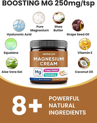 Venture Pal Topical Magnesium Cream, Fast-Absorbing Magnesium Moisturizing Lotion with Coconut Oil, Shea Butter & Hyaluronic Acid, Suitable for Kids