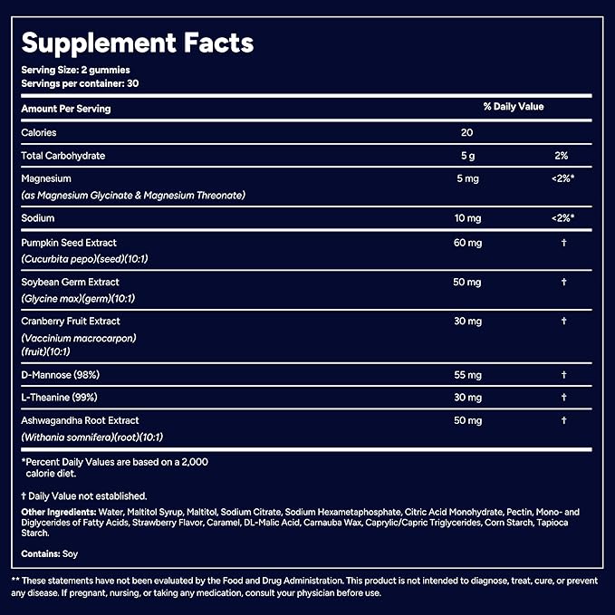 QuietLab N1 Nighttime Bladder Support Gummies - Helps Reduce Nighttime Bathroom Trips for Men & Women - Pumpkin Seed, D-Mannose, Ashwagandha for Sleep & Bladder Control - Strawberry Flavor (60 Count)