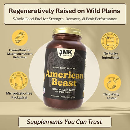 MK Supplements American Beast | Bison Liver & Heart Capsules | ~49x More CoQ10 Than Beef Liver | Regeneratively Raised Bison | 150 Capsules