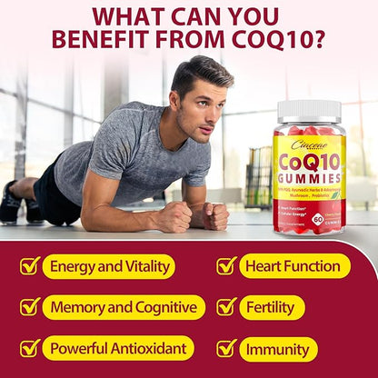 CoQ10 Gummies with PQQ - 400 MG Coenzyme Q10 High Potency, Enhanced with Ayurvedic Herbs, Adaptogenic Mushroom Blend & Probiotics for Heart, Brain, Energy, Immunity, Cherry Flavor, 60 Vegan Gummies
