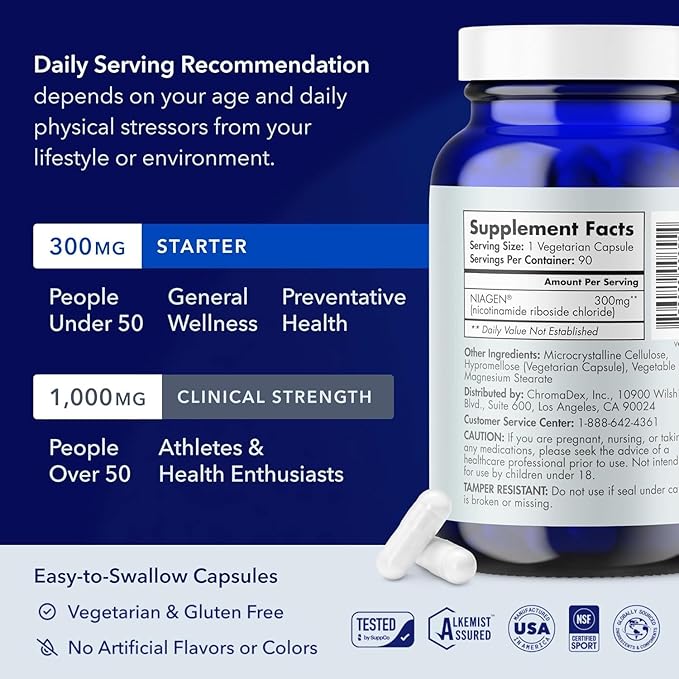 TRU NIAGEN Patented NAD Supplement for Brain Function, Anti Aging & Cell Regeneration, 300mg Niagen, 90 Servings | Supports Cellular Energy, Muscle | Nicotinamide Riboside (NR) Take 1 Daily | 1 Bottle