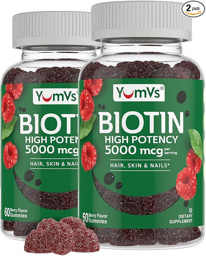 YumVs Biotin Gummies 5000mcg - Luscious Raspberry Flavor - Thicker Faster Hair Growth Gummies for Women or Men - Hair, Skin & Nails Vitamins - Hair Gummy - Vegetarian Biotin Supplement (60 Ct., 2pk)
