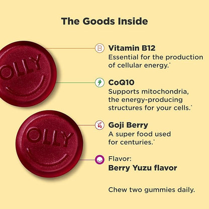 OLLY Extra Strength Daily Energy Gummy,Caffeine Free,1000mcg Vitamin B12,CoQ10,Goji Berry,Adult Chewable Supplement,Berry Yuzu Flavor -,60 Count (Pack of 2)