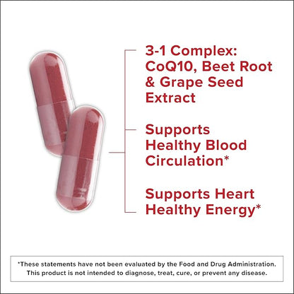 Qunol Blood Pressure Support, 3 in 1 Beets + CoQ10 + Grape Seed Extract, Beet Root Capsules that Supports Healthy Blood Circulation & Heart Healthy Energy, 60 Count (Pack of 1)