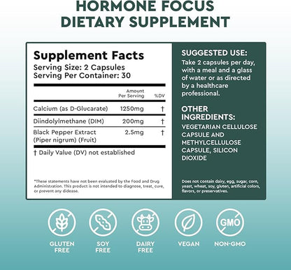 Hormone Focus – Estrogen Balance for Women - DIM Supplement with Diindolylmethane, Calcium D-Glucarate & BioPerine – Supports Hormonal Health, Mood, Energy, Mental Clarity, Clear Skin & Weight
