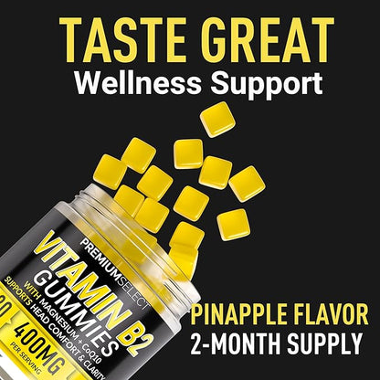 Vitamin B2 Gummies Riboflavin 400mg – 120 Gummies with Magnesium, CoQ10 & Vitamin B2 for Adults – Sugar Free B2 Vitamin 400mg for Energy, Head Comfort & Nervous System Support