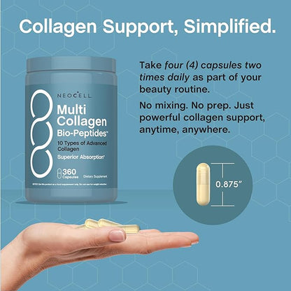 NeoCell Multi Collagen Peptides Capsules | 360 Pills | 10 Types of Advanced Bio-Peptides | Superior Absorption | Grass Fed Complex Supplement | for Women and Men