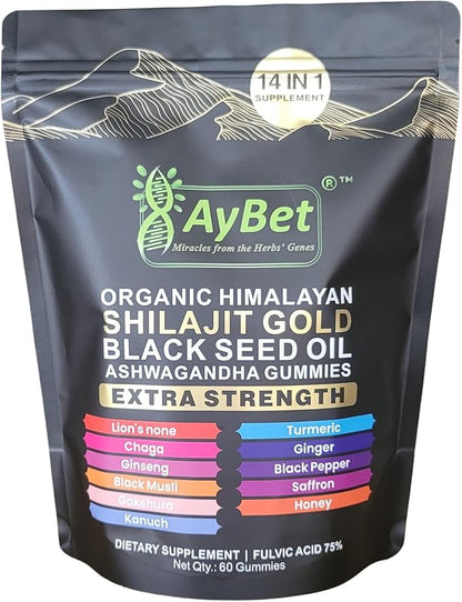 Organic Himalayan Shilajit Gold Gummies for Men and Women, Black Seed Oil, Ashwagandha, Ginseng, Turmeric, Gokshura, Lion's None, Lab Tested,%75 Fulvic Acid, No Sugar Added, Halal, 60Gummy