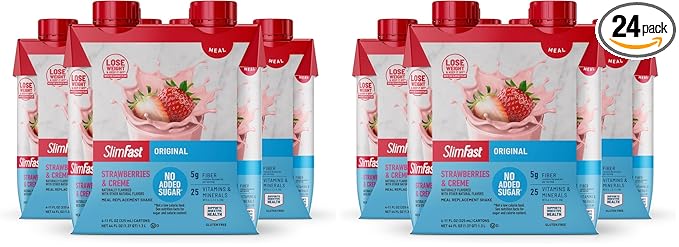 SlimFast Meal Replacement Shake, Original Strawberries & Crème, No Added Sugar, Meal Replacement Shakes, 10g Ready to Drink Protein, 5g Fiber, 25 Vitamins and Minerals, 11 Fl. Oz, 12 Count (Pack of 2)