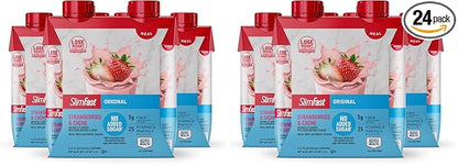 SlimFast Meal Replacement Shake, Original Strawberries & Crème, No Added Sugar, Meal Replacement Shakes, 10g Ready to Drink Protein, 5g Fiber, 25 Vitamins and Minerals, 11 Fl. Oz, 12 Count (Pack of 2)