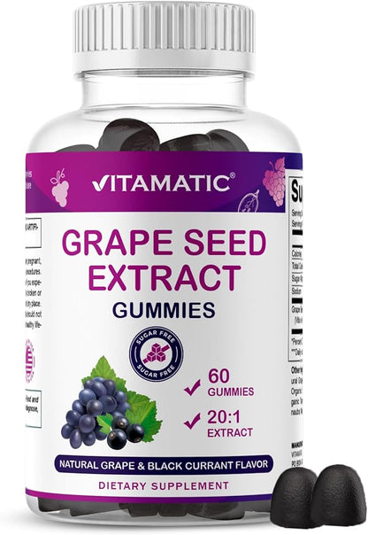 Vitamatic Grape Seed Extract Gummies – Plant-Based Botanical Extract – Natural Grape & Black Currant Flavor – Vegan, Non-GMO – Herbal Supplement – 60 Gummies