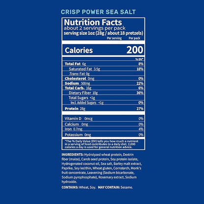 CRISP POWER Protein Pretzels, Sea Salt, 28G Protein, High Protein Snack, High Fiber, Low Carb Crunchy Pretzel Snacks, No Added Sugar, 1.75 oz Bags, 24 Pack, Vegan, Keto