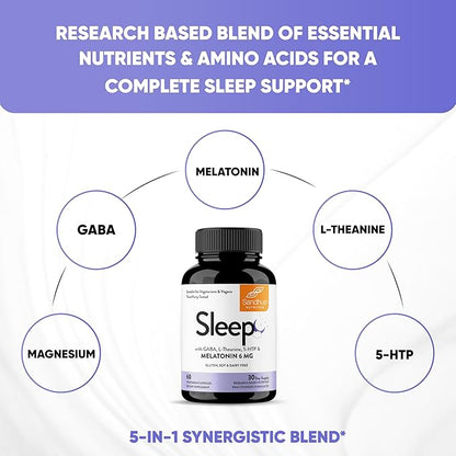 Sandhu's Sleep 60 Capsules –Non-Habit Forming 5-in-1 Sleep Aid Supplement with Melatonin, Magnesium, GABA, L-Theanine & 5-HTP