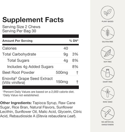 Humann SuperBeets Heart Chews, Beet Root Powder Support Energy Supplement, Nitric Oxide and Blood Pressure Support, Grape Seed Extract & Non-GMO, Heart Health, Pomegranate Berry Flavor, 120 Count