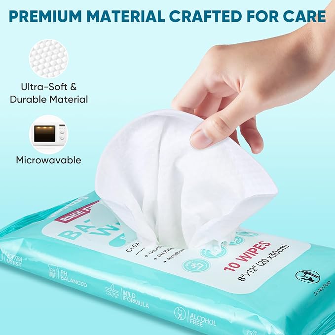 No Rinse Bathing Wipes for Adults - Extra Thick 8x12 Inch Disposable Shower Wipes, Hypoallergenic Unscented Body Cleansing Cloths for Bed Bath, Hospital, Travel, Camping - 100 Count(10 Packs)