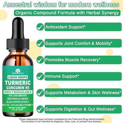 Turmeric Curcumin Supplement Drops with 95% Curcuminoids, Enhanced Absorption Liquid Turmeric Complex 1000mg w/Bee Propolis Ginger MCT Oil Vitamin C & Black Pepper for Joint & Immune Support | Non GMO
