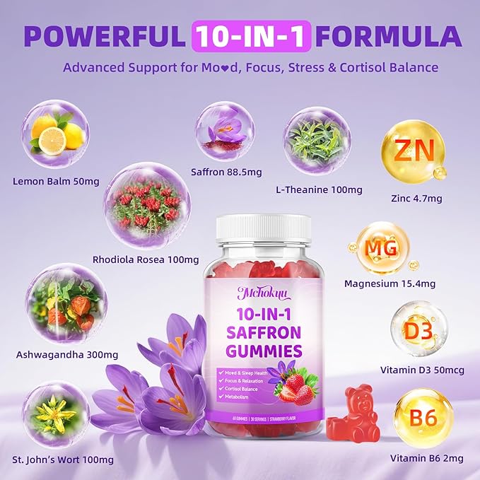 Saffron Supplements Gummies for Kids & Adults Vision, Zzz, Focus & Cortisol with Ashwagandha, L-Theanine, Rhodiola Rosea, St.John's Wort, Lemon Balm, Vitamin D3, B6, Magnesium & Zinc, Strawberry, 60Ct