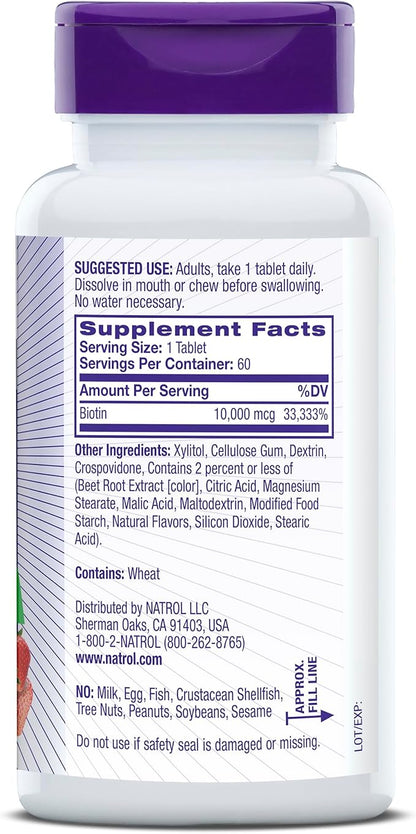 Natrol Biotin 10000mcg, 4X Faster Dissolve Supplement for Healthy Hair, Skin and Nails for Those Low in Biotin, Plus Energy Metabolism Support, 60 Tablets, Up to a 60 Day Supply