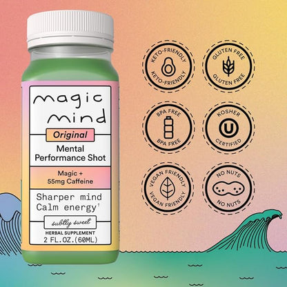 Magic Mind Energy And Focus Drink Shots - Stress Relieving, No Jitters, Ashwagandha, Vitamin B12, Vitamin C, Matcha Green Tea, Functional Mushrooms - 2 FL Oz (15 Pack)