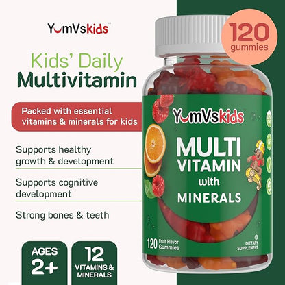 YumVs Kids Multivitamin Gummies - Fruit Flavored Chewable Children's Multivitamin - Kids Vitamins Multivitamin Gummy with 12 Minerals & Vitamins A C D3 E B6 B12 (120 Count (Pack of 1))