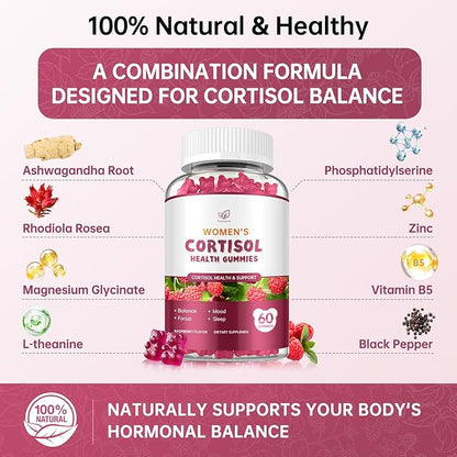 Cortisol Supplement for Women,cortisol manager Gummies,with rhodiola rosea,l-theanine,Phosphatidylserine,magnesium ashwagandha - Emotional support, adrenal balance, sleep, raspberry flavor, 60 Count