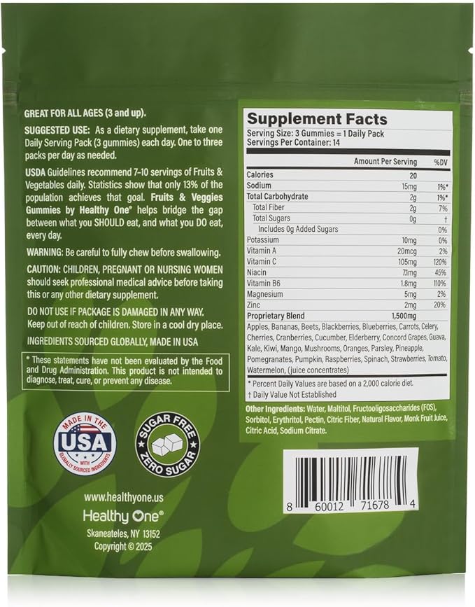 Fruits & Veggies Sugar-Free Gummies - 27 Whole Foods - Equals 3 Servings of Fruits & Vegetables - Improve Energy, Focus & Immune Function - Fiber - Antioxidants - Organic Ingredients - 14 Packets