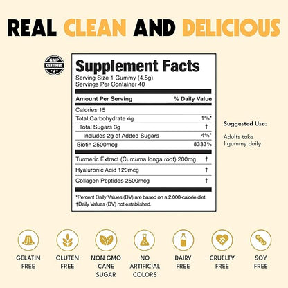 JUGO Beauty + SUPERFOODS Hair, Skin and Nails Collagen Gummies, Hyaluronic Acid and Turmeric Supplement, Cruelty-Free, Gelatin-Free and Gluten-Free Gummy Vitamins, Non-GMO, Made in USA, 40 Count