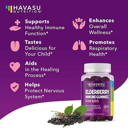 Elderberry Gummies for Kids with Zinc and Vitamin C - Immune Support Supplement for Children - 60 Count, Vegan, Berry Flavor - Convenient Daily Defense with Antioxidants and Essential Nutrients