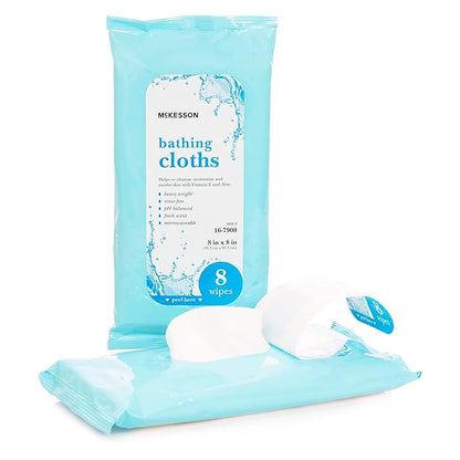 McKesson Bathing Cloth with Aloe & Vitamin E [8 Wipes] No Rinse Shower & Bathing Body Wipes for Adults & Elderly, Disposable Washcloths, pH Balanced, Fresh Scent