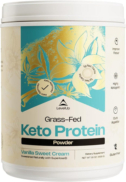 LevelUp Keto Protein, with Collagen Peptides, Energizing MCT, Whey Isolate Protein, Ketogenic Protein Powder Supplement - Vanilla Sweet Cream