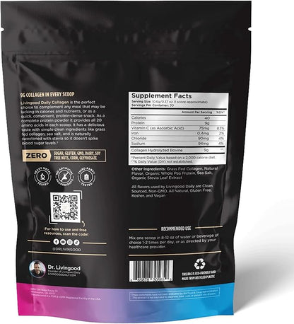 Livingood Daily Vanilla Collagen Powder for Women & Men, Hydrolyzed Collagen Peptides Powder with Vitamin C, Protein with 20 Amino Acids, Type I & III, Grass Fed, Keto, Paleo, Gluten Free, 30 Srvgs