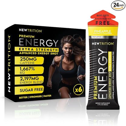 NewTrition® Extra Strength Energy Shots, 1.7 fl oz - 250mg Caffeine with Vitamin B & Amino Acids, Sugar-Free, Zero Calorie Vitamin Energy Drink for Focus & Endurance (Pack of 6, Pineapple)