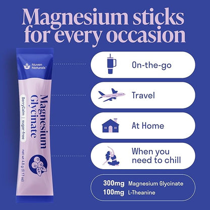 Magnesium Glycinate Powder + L-Theanine | 300 mg High Absorption Chelated Magnesium Powder for Sleep - Mixed Berry Flavor, No Sugar, Support Restful Sleep & Relaxation