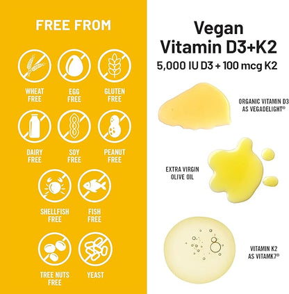 NatureWise Vegan Vitamin D3 + K2 - Natural D3 5000IU + Natural Vitamin K2 100mcg - Bone Support - High Absorption with Organic Cold-Pressed Olive Oil - Non-GMO, (Pack of 2)