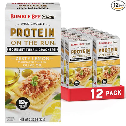 Bumble Bee Prime Protein on the Run Tuna Snack Kit, Pack of 12 - Gourmet Tuna Marinated in Olive Oil & Zesty Lemon with Crackers and Serving Utensil - 19g of Protein Per Serving, Easy Open Can