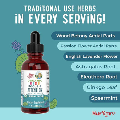 MARYRUTH'S Kids Focus & Attention Drops | USDA Organic Drops | Ginkgo Biloba | Rhodiola Root & Licorice Root | Adaptogenic | Calm | Vegan | Non-GMO | Gluten Free | 30 Servings