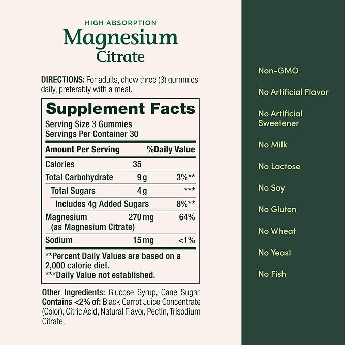 Nature's Bounty Magnesium Citrate Gummies for Adults, Supports General Health, Bone, Nerve, Muscle & Heart Health Support, 270mg per Serving, Vegan, Non-GMO - Raspberry 90 Count