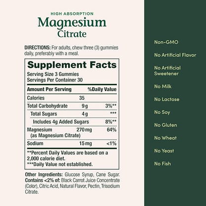 Nature's Bounty Magnesium Citrate Gummies for Adults, Supports General Health, Bone, Nerve, Muscle & Heart Health Support, 270mg per Serving, Vegan, Non-GMO - Raspberry 90 Count
