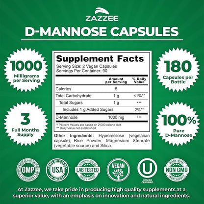 Zazzee D-Mannose, 1000 mg per Serving, 180 Vegan Capsules, 3 Month Supply, Potent & Fast-Acting, Certified Kosher, 100% Pure, All-Natural Urinary Tract Health Support, 100% Vegetarian, Non-GMO
