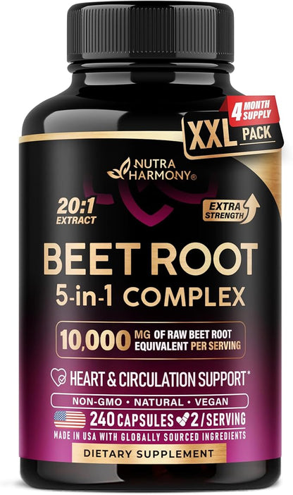 Beet Root 5-in-1 Complex Capsules - Healthy Blood Pressure Support Supplement** for Heart & Circulation Support - with Hawthorn Berry, Hibiscus & Garlic - for Men & Women - Made in USA, 240 Capsules