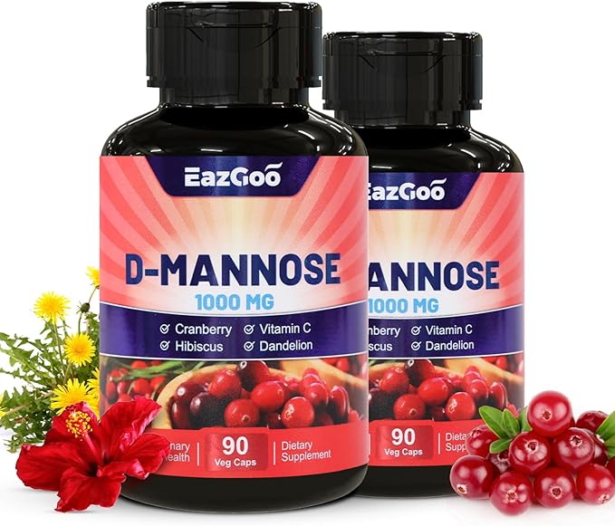 D-Mannose Supplement – 1000mg Capsules with Cranberry, Vitamin C, Hibiscus & Dandelion Extract, Support Urinary Health, D Mannose & Cranberry Capsules, 90 Count(Pack of 2)