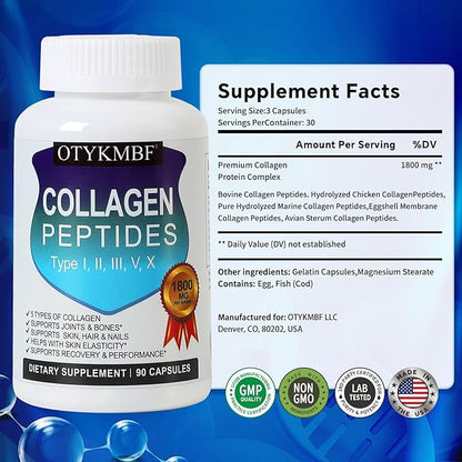 Multi Collagen Peptides Pills 1800mg, Type I, II, III, V, X - Hydrolyzed Premium Collagen Complex Supports Skin, Joints, Hair & Nails, Hydrolyzed Protein for Women Men, 90 Capsules
