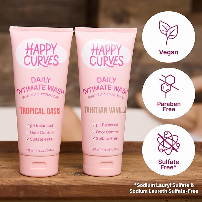 HAPPY CURVES Feminine Wash - pH Balanced Cleanser with Aloe & Vitamin E - Sulfate-Free, Paraben-Free Intimate Care for Women - Odor Control, Gentle Daily Vaginal & Sensitive Skin (Tahitian Vanilla)