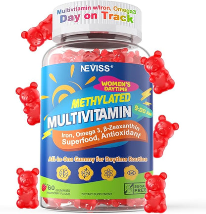 NEVISS Methylated Multivitamin Gummies with Iron for Women, Bariatric Multivitamin, Omega-3, B6, Folate, B12, Inositol, Daily Vitamin Gummy ALA | Beet Root | Astaxanthin, Energy, Brain, Antioxidant