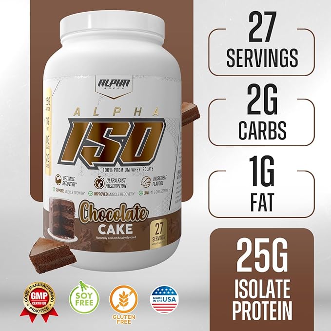 Alpha Supps ISO, Low Carb 100% Whey Protein Isolate Powder, 25 Grams Per Serving, Helps Support Muscle Growth, Low Sugar and Gluten Free (Chocolate Cake, 2 lb)